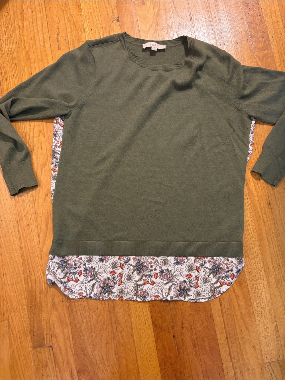 LOFT Olive Green Crewneck Sweater with Floral Faux-Layered Hem